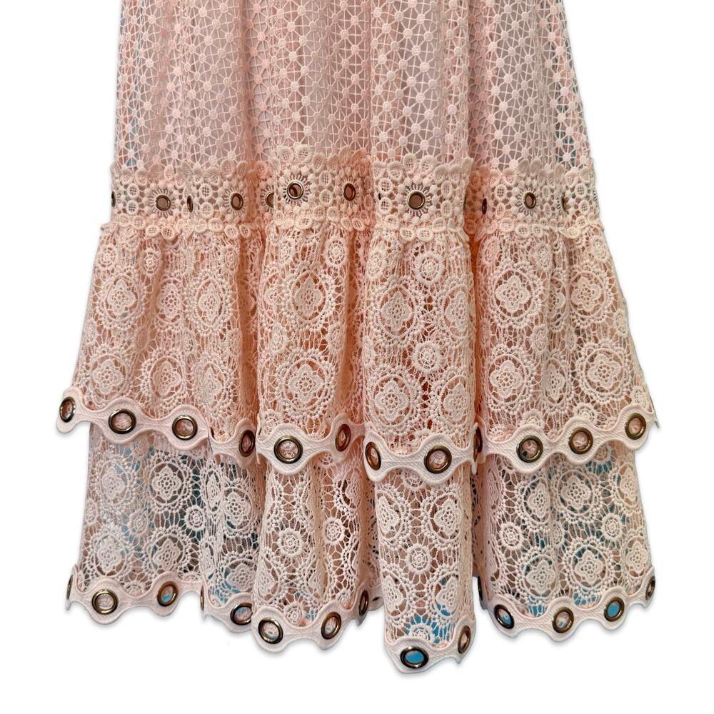 Maje Blush Pink Roso Gold Grommet Lace Tiered Half Sleeve Midi Dress size 1 / S - Picture 9 of 12